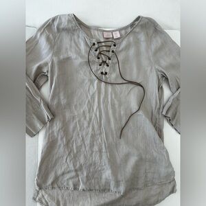 St Tropez Women's High Low Lace Up Tunic Top, Small, Light Gray, 100% Linen